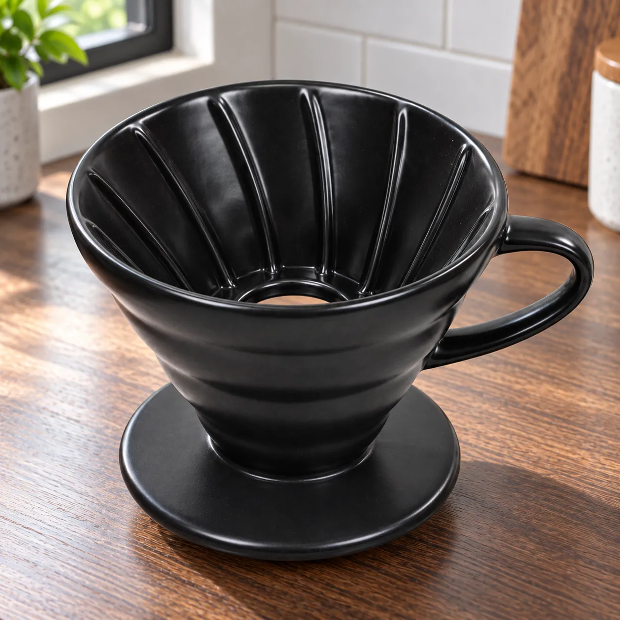 Porcelain Pour-Over Dripper, Black · cone dripper: close view of source-supported construction