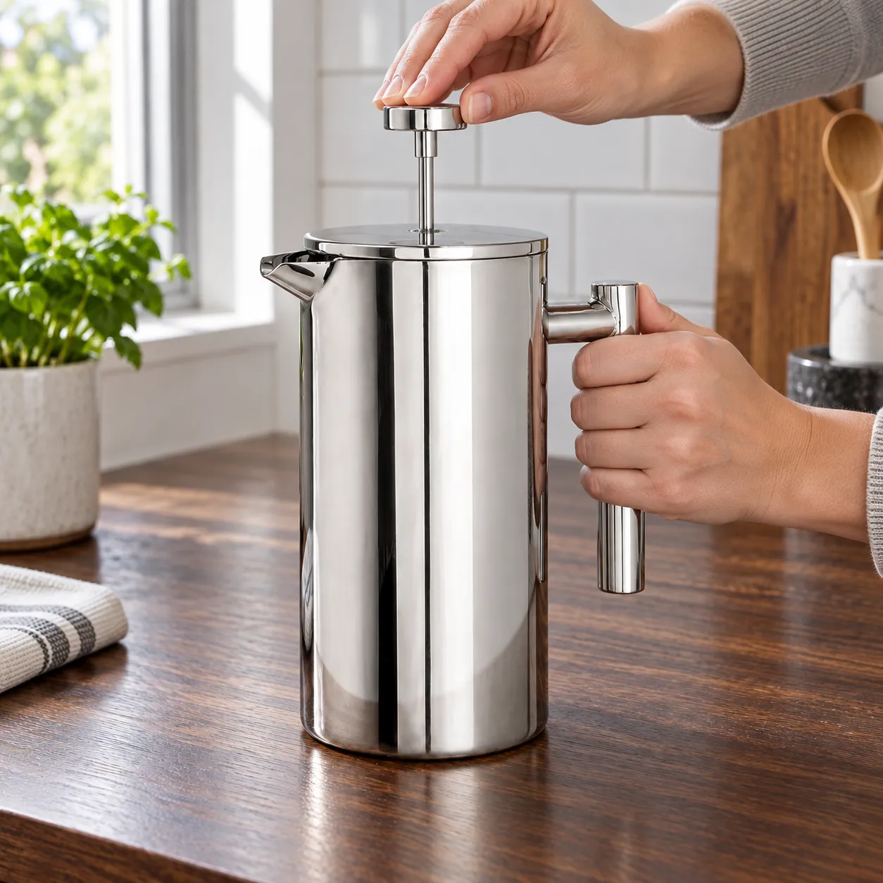 Steel French Press, Silver · 1 litre: shown in use; styling props excluded unless listed in contents
