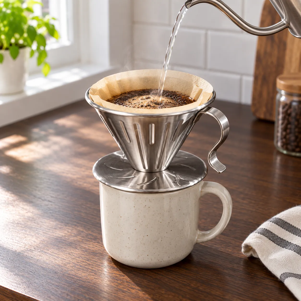 Steel Pour-Over Dripper, Silver · one dripper: shown in use; styling props excluded unless listed in contents