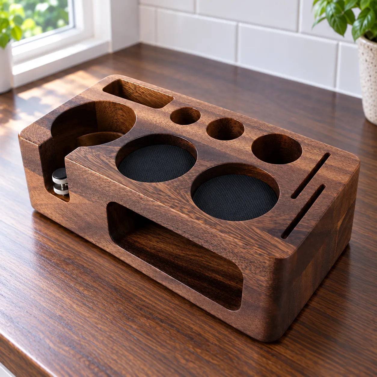 Walnut Espresso Station, Black walnut: close view of source-supported construction