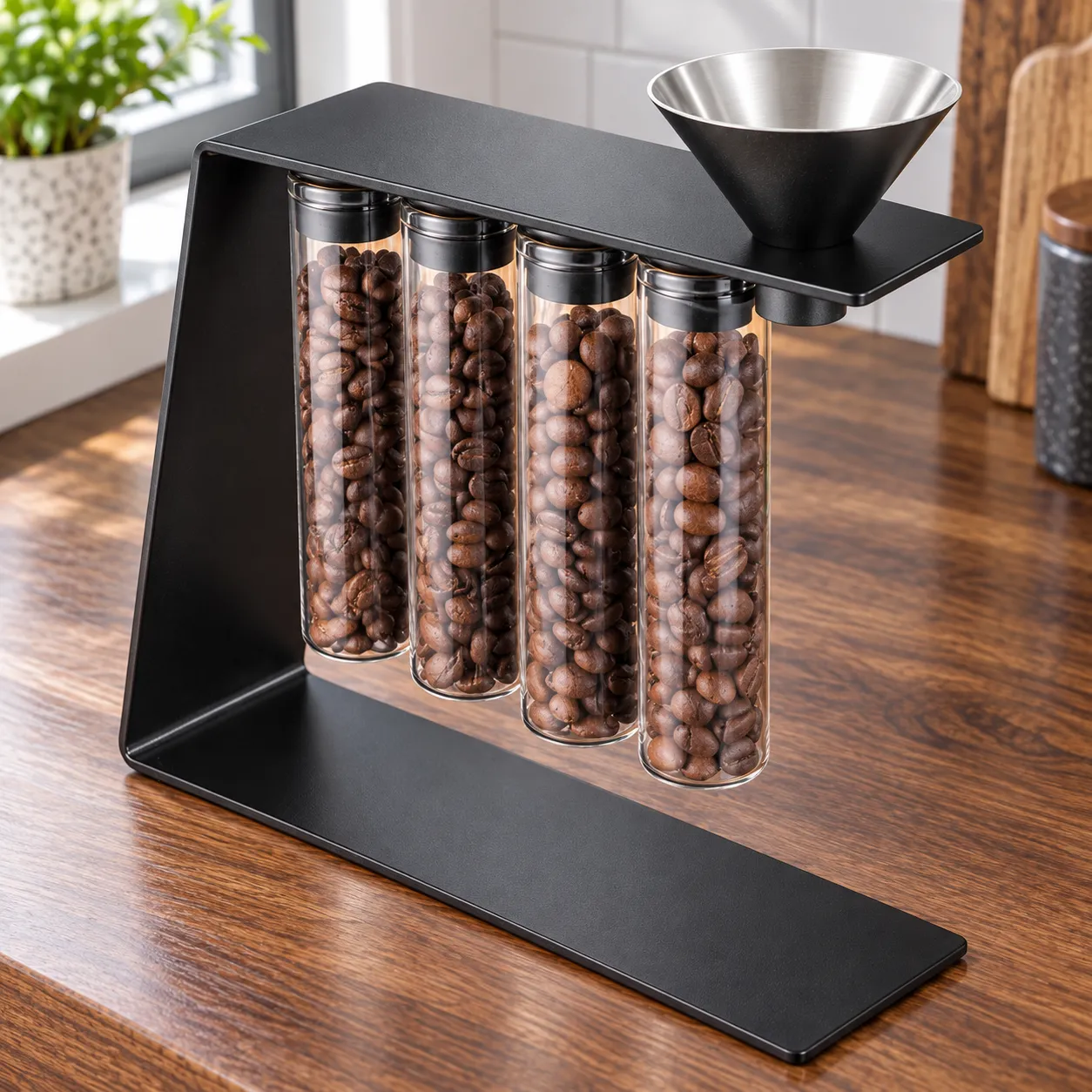 Four-Dose Bean Set, Four glass tubes · black stand: close view of source-supported construction